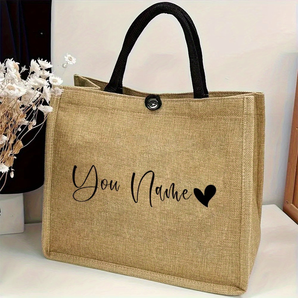 Linen Bag Bulk - กระเป๋าผ้าลินินพิมพ์ลายหัวใจพร้อมชื่อส่วนตัว กระเป๋าช้อปปิ้งแบบใช้ซ้ำได้ ทนทาน ปิดด้วยหัวเข็มขัด เหมาะสำหรับไปเที่ยวทะเล งานแต่งงาน