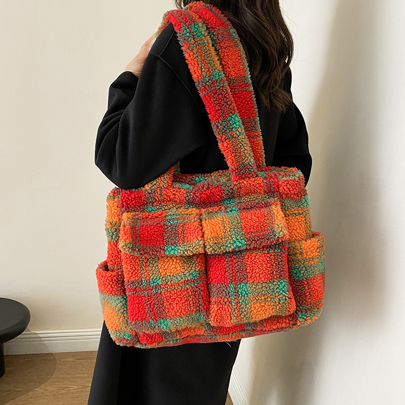 Linen Bag Bulk - กระเป๋าโท้ทขนแกะสำหรับผู้หญิง กระเป๋าสะพายไหล่ลายสก็อตแฟชั่น กระเป๋าถือช้อปปิ้งความจุขนาดใหญ่ กระเป๋าใต้วงแขน กระเป๋าดีไซเนอร์