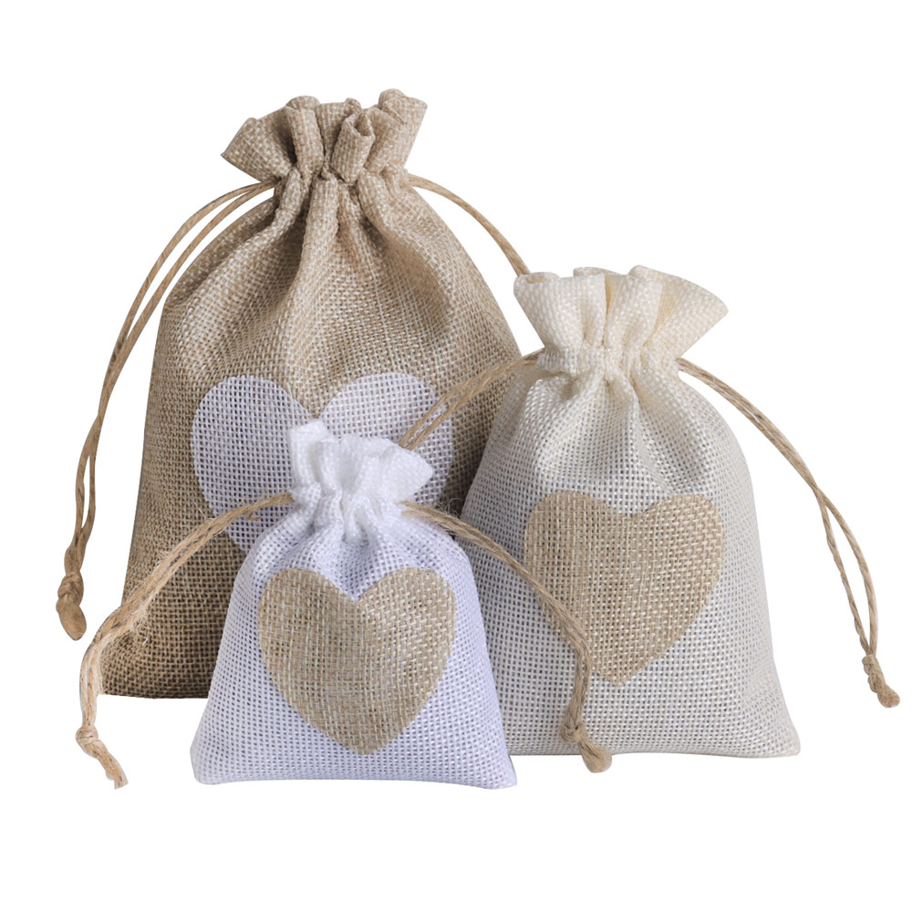 Linen Bag Bulk - 5 ชิ้น/ล็อตหัวใจผ้าลินินกระเป๋าเครื่องประดับกระเป๋าสตางค์ตกแต่งกระเป๋าสําหรับบรรจุภัณฑ์เครื่องประดับคริสต์มาสงานแต่งงานของขวัญกระเป๋า