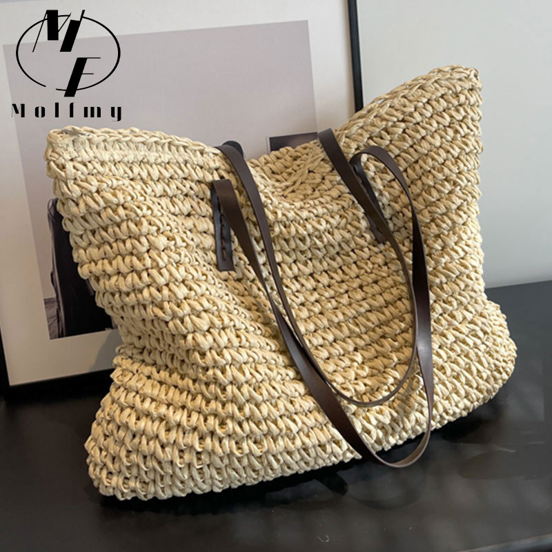 Linen Bag Bulk - ฟางทอ Tote กระเป๋า Casual ขนาดใหญ่ออกแบบความจุกระเป๋าถือชายหาดไหล่กระเป๋าสตรีสไตล์ช้อปปิ้งฤดูร้อน bolsos