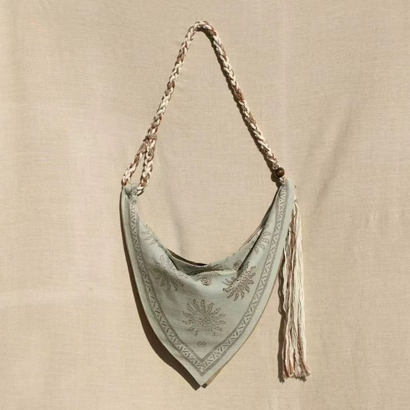 Linen Bag Bulk - กระเป๋าสะพายไหล่ทรงสามเหลี่ยมสไตล์โบฮีเมียน กระเป๋าถือผ้าลินินพิมพ์ลายแฟชั่นย้อนยุค กระเป๋าสะพายข้างสไตล์ชาติพันธุ์พร้อมพู่เชือกป่าน กระเป๋าผู้หญิง