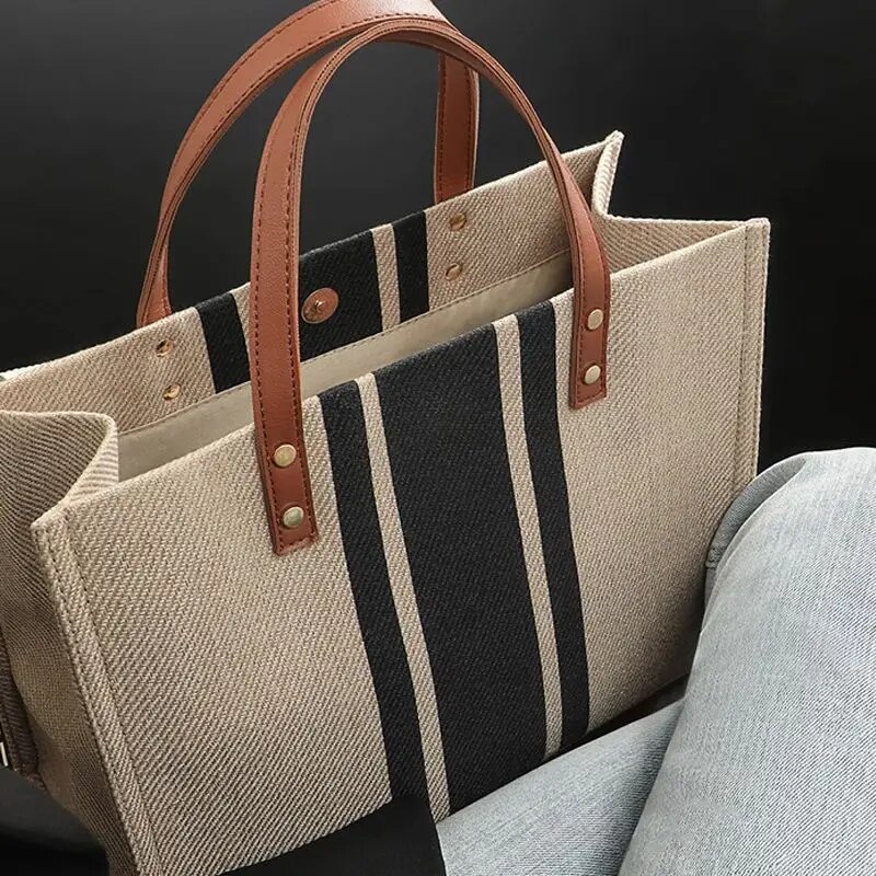 Linen Bag Bulk - กระเป๋าเดินทางอเนกประสงค์ผู้หญิงขนาดใหญ่ลายทางผ้าใบลำลอง, กระเป๋ากระเป๋านักเรียนใส่ไปโรงเรียนใส่ได้ทุกวัน
